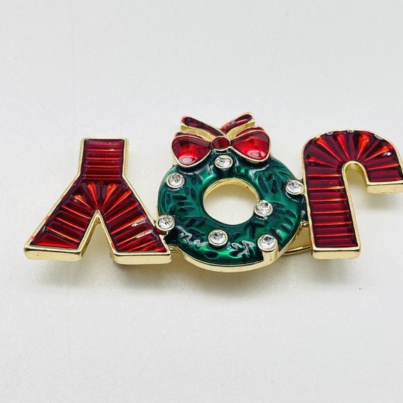 JOY Holiday Pin Enameled Gold Tone Green Red Rhinestone Accents Christmas Happy - Picture 3 of 6